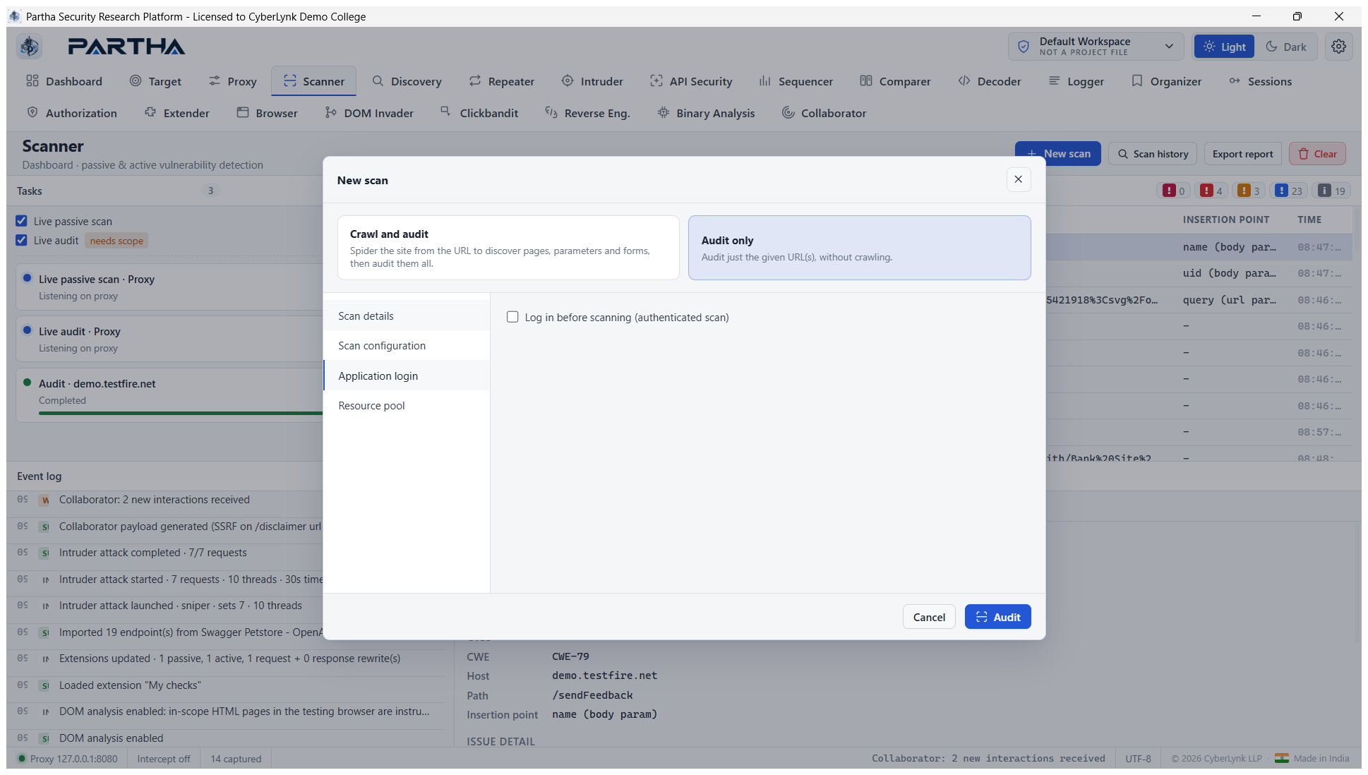 Scan application-login tab