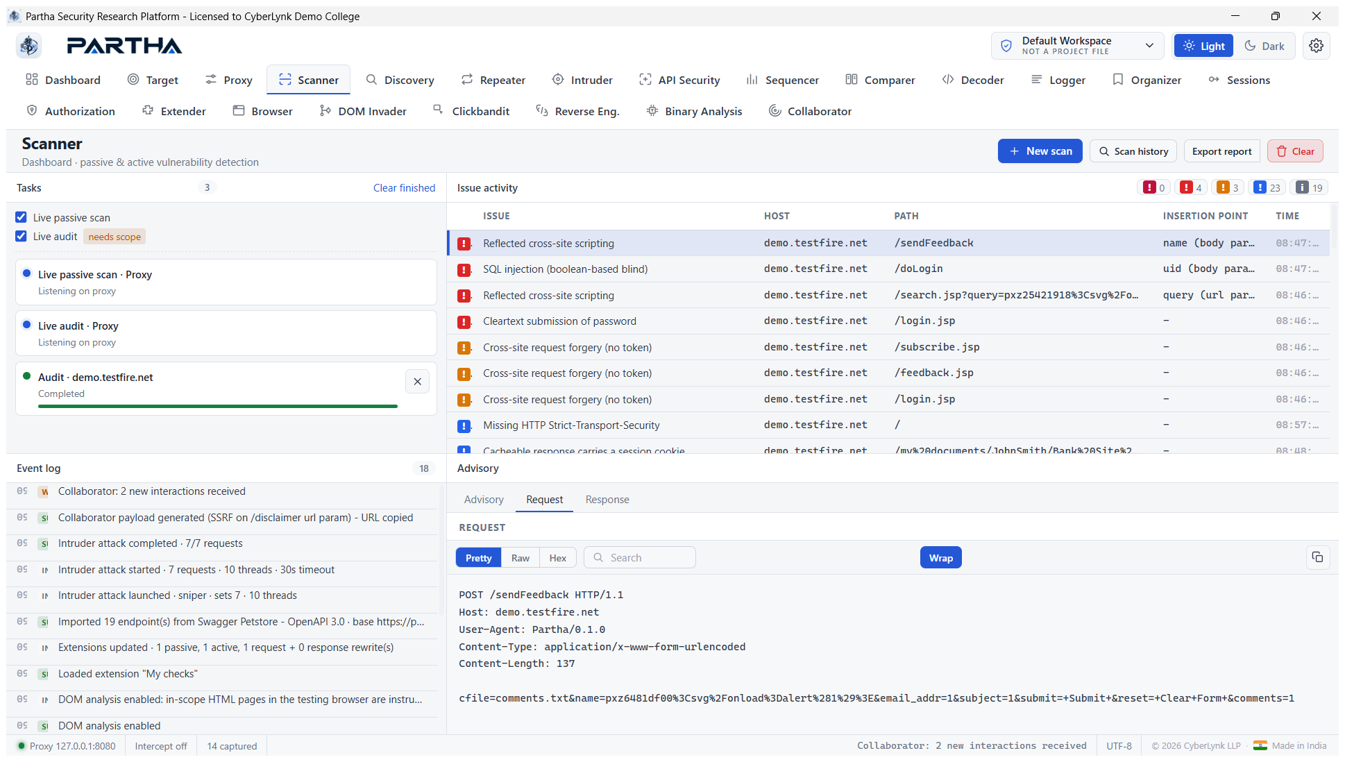 Advisory Request tab — the attack request
