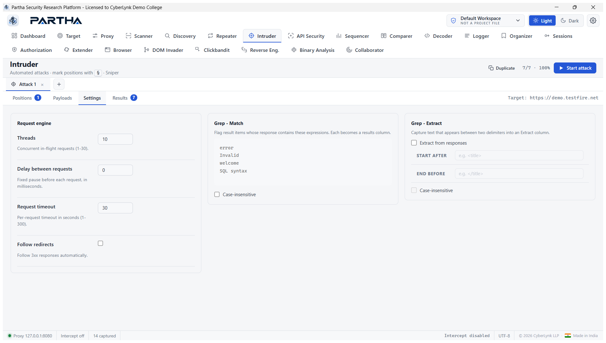 Intruder settings